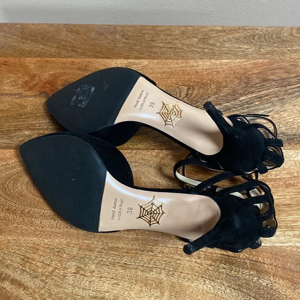 Charlotte Olympia Black Suede Aranea Spider Web d'Orsay Pump Heels Shoes
